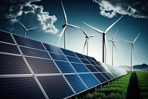 Renewable energy background with green energy as wind turbines and solar panels green energy concept energy sources sustainable ecology elements generative ai photo